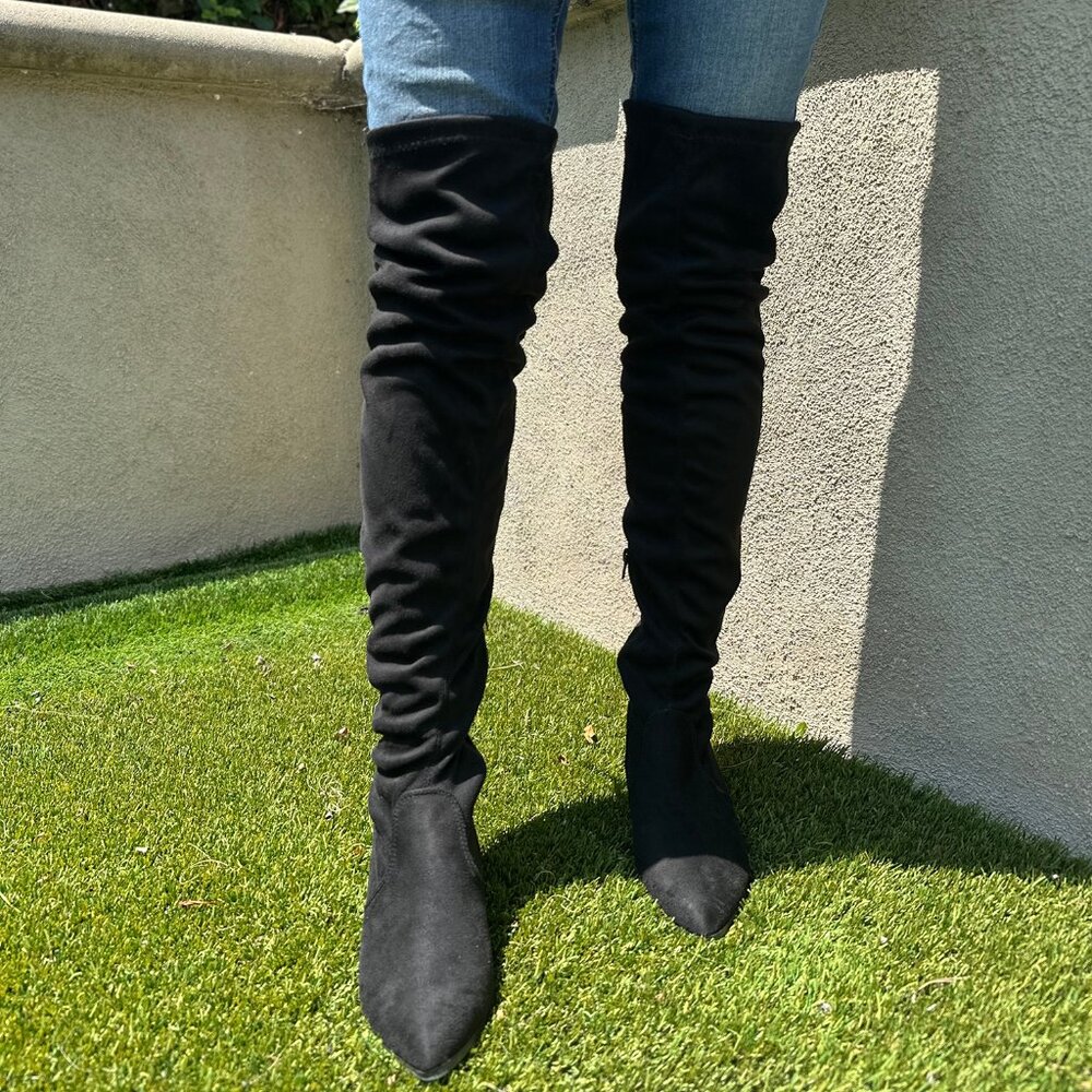 NEW🔥 Black OTK Over The Knee Boot Drawstring Tie Lace Up Pointed Toe Block Heel - Picture 4 of 5